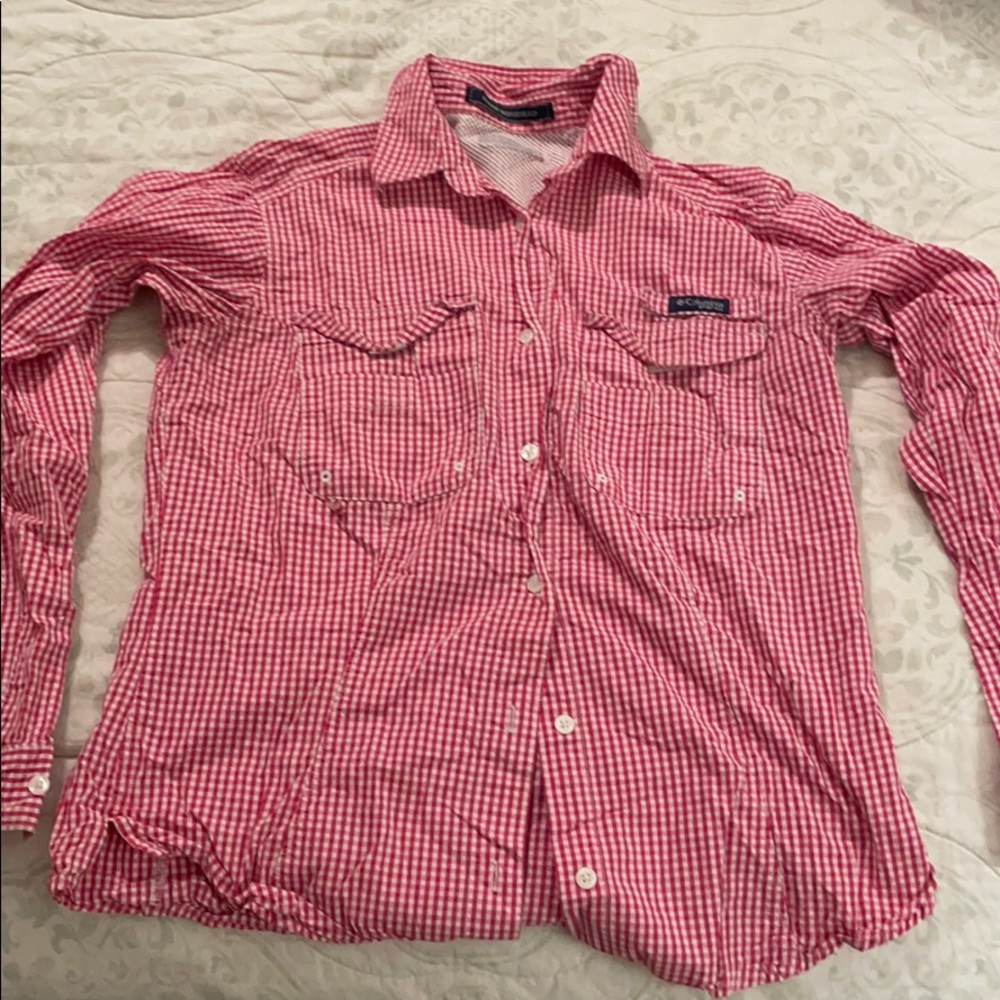 Red/white Women’s Columbia PFG L/S Shirt - Small